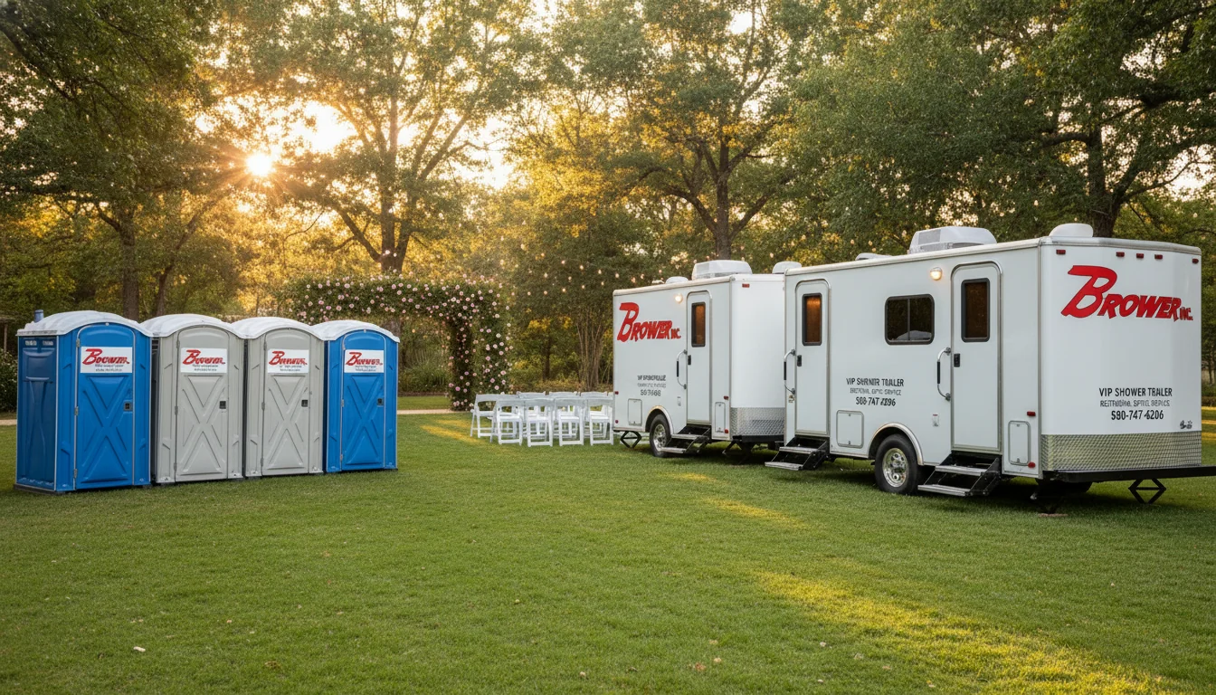 Brower Inc. porta potty rental fleet — portable restrooms and luxury VIP shower trailers staged at a garden event venue in Newkirk, Oklahoma