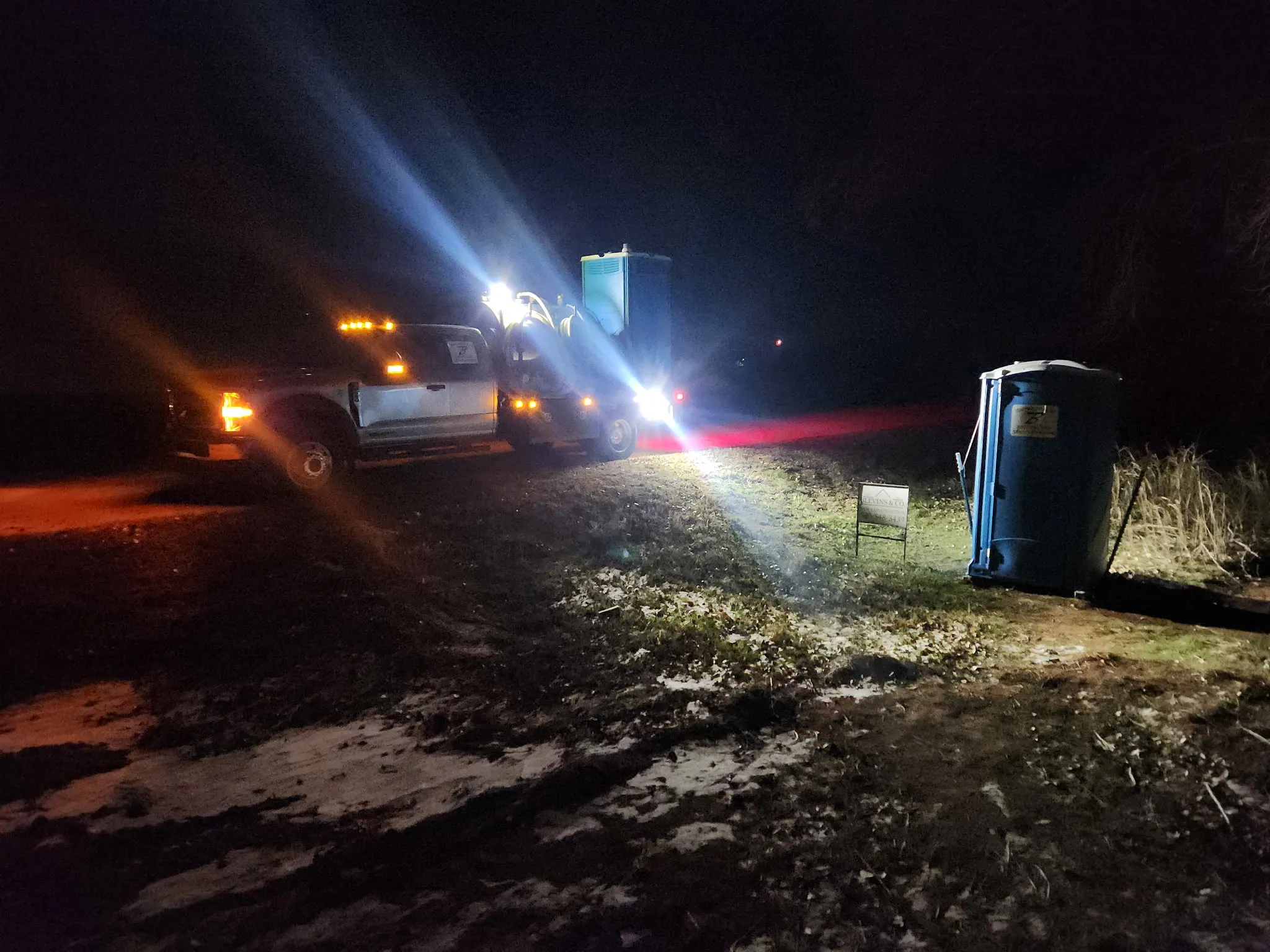 Brower Inc. service truck delivering portable restrooms during the day in Newkirk, Oklahoma