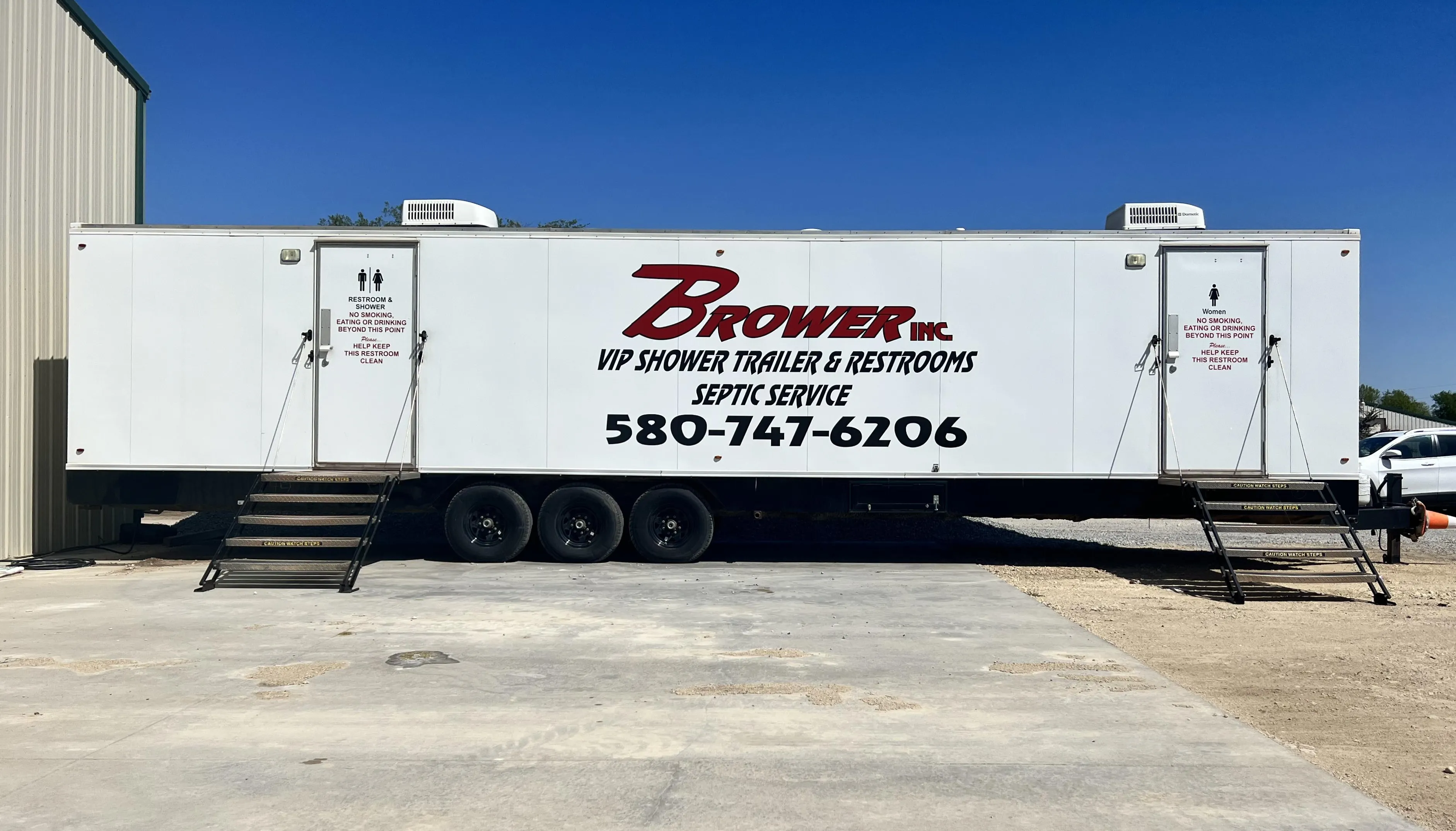 Brower Inc. VIP luxury shower and restroom trailer exterior in Newkirk, OK